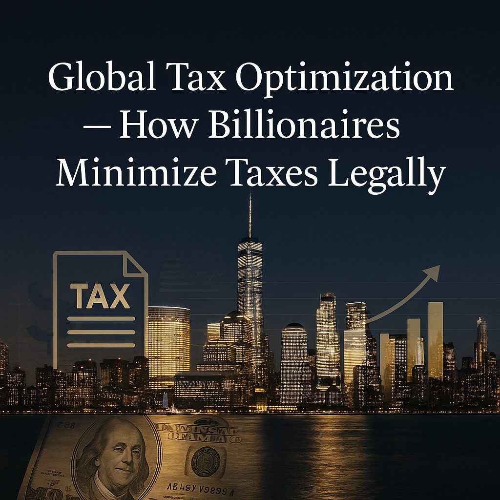 A night skyline of an international financial district with tax and wealth symbols, representing global tax optimization strategies used by billionaires.