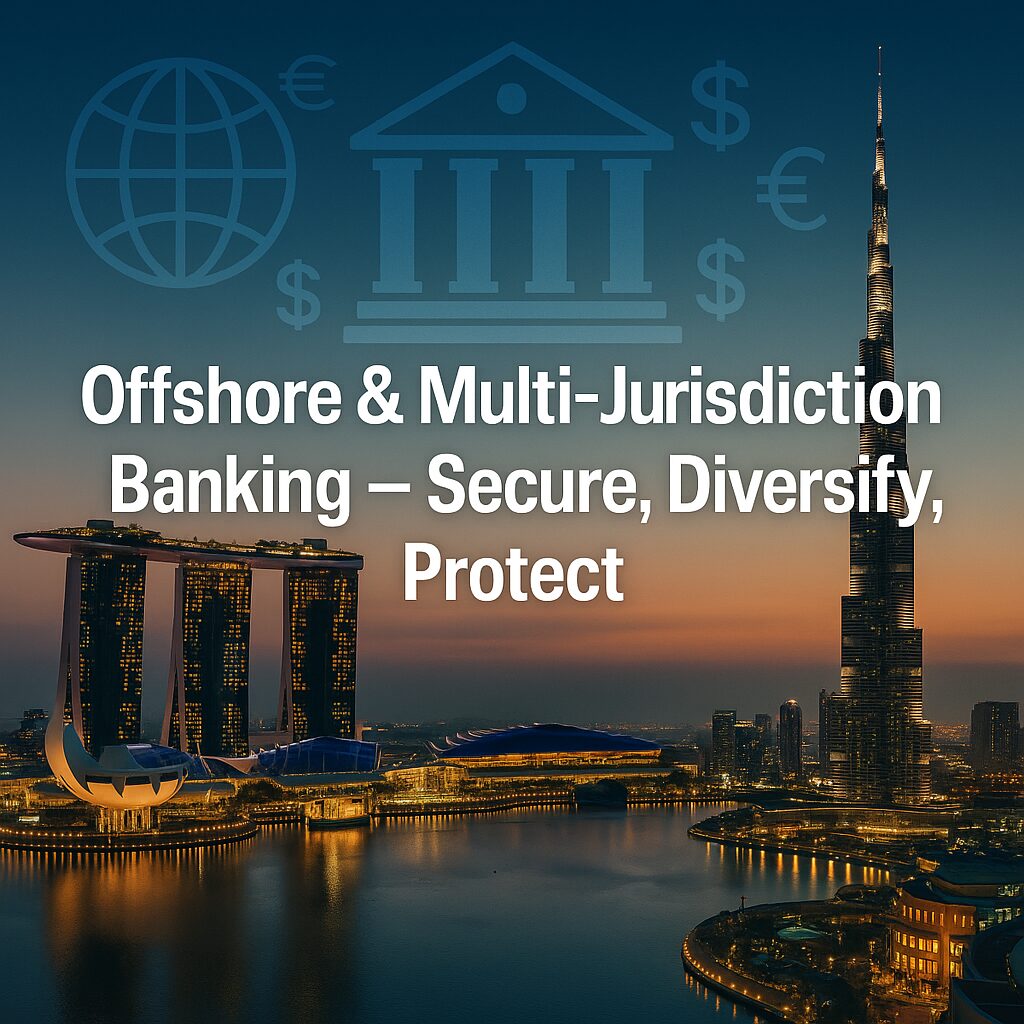 A modern skyline of Singapore and Dubai with banking icons and currency symbols, representing offshore and multi-jurisdiction banking strategies.