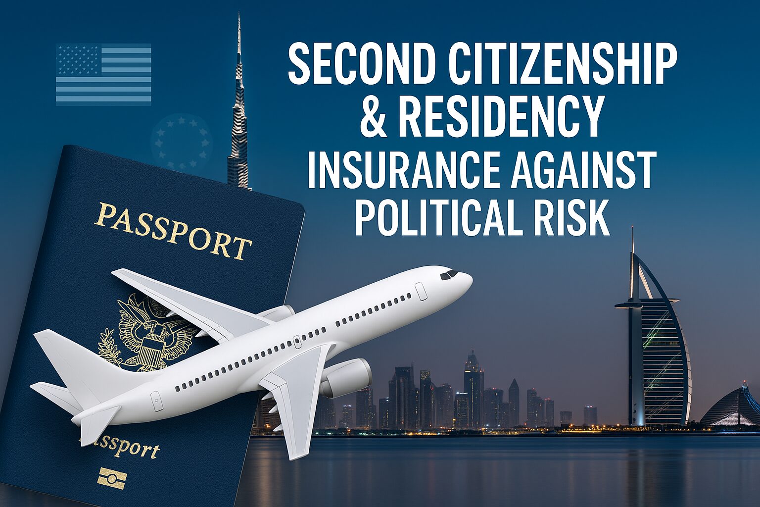 A passport and airplane overlayed on a city skyline, representing second citizenship and global residency as insurance against political risk.