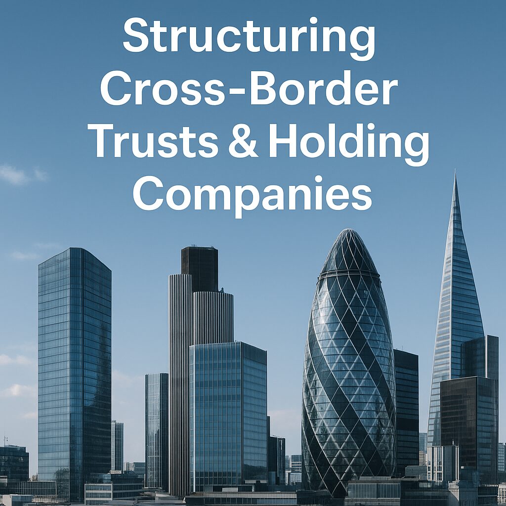 Skyscrapers representing global financial hubs where trusts and holding companies are structured