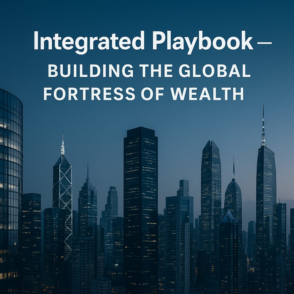 Skyscraper skyline symbolizing global wealth strategies integrating tax optimization, banking, trusts, and philanthropy