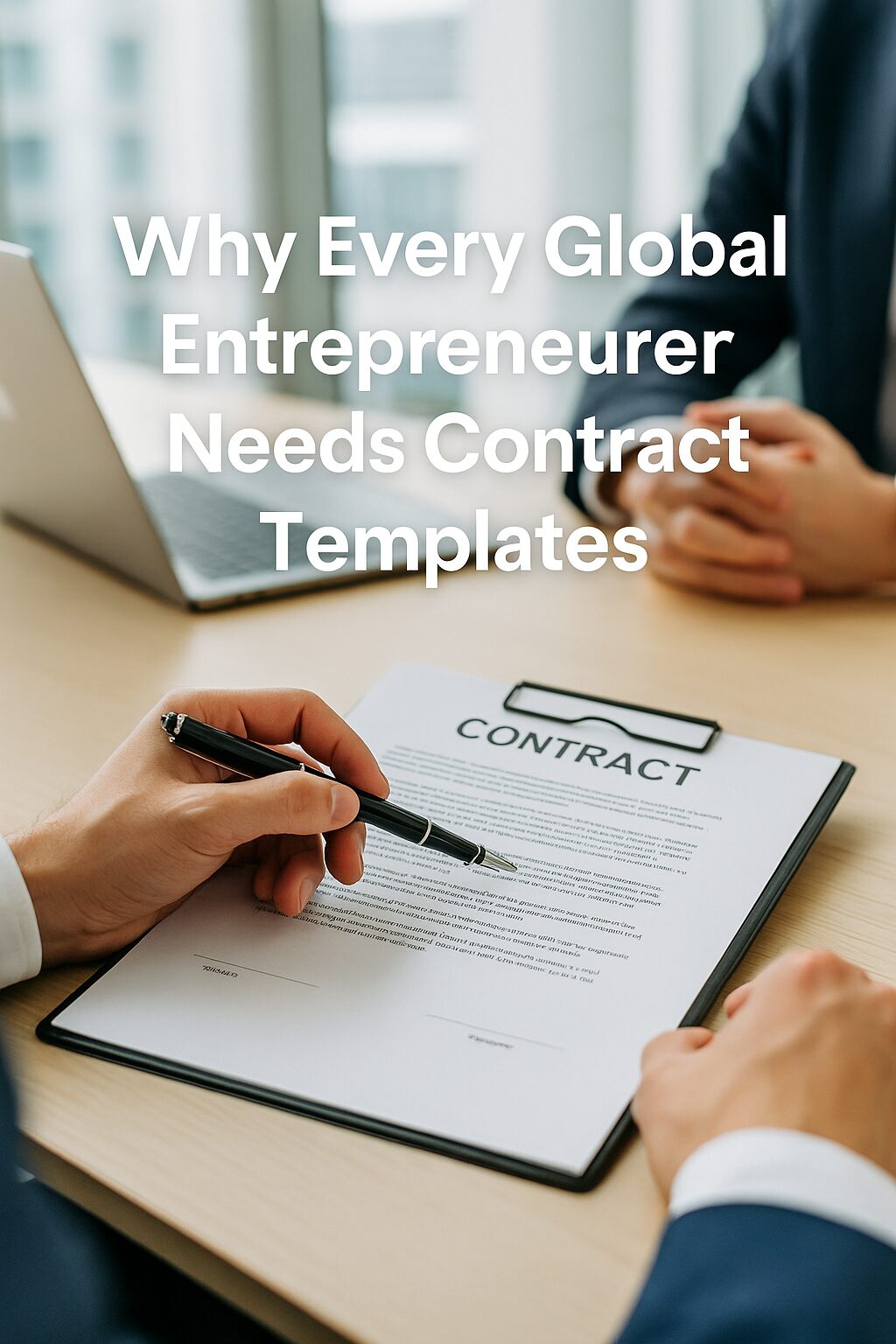 Business professionals signing a contract document in a modern office, highlighting the importance of contract templates for global entrepreneurs.