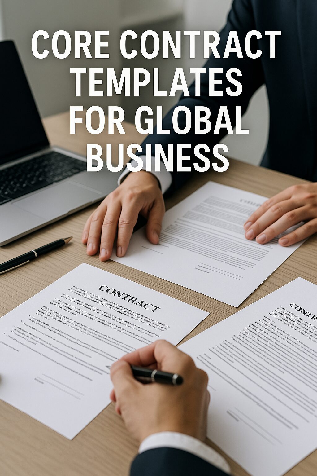Professionals signing and reviewing contract templates in a modern office, symbolizing essential agreements for freelancers, startups, and global companies.