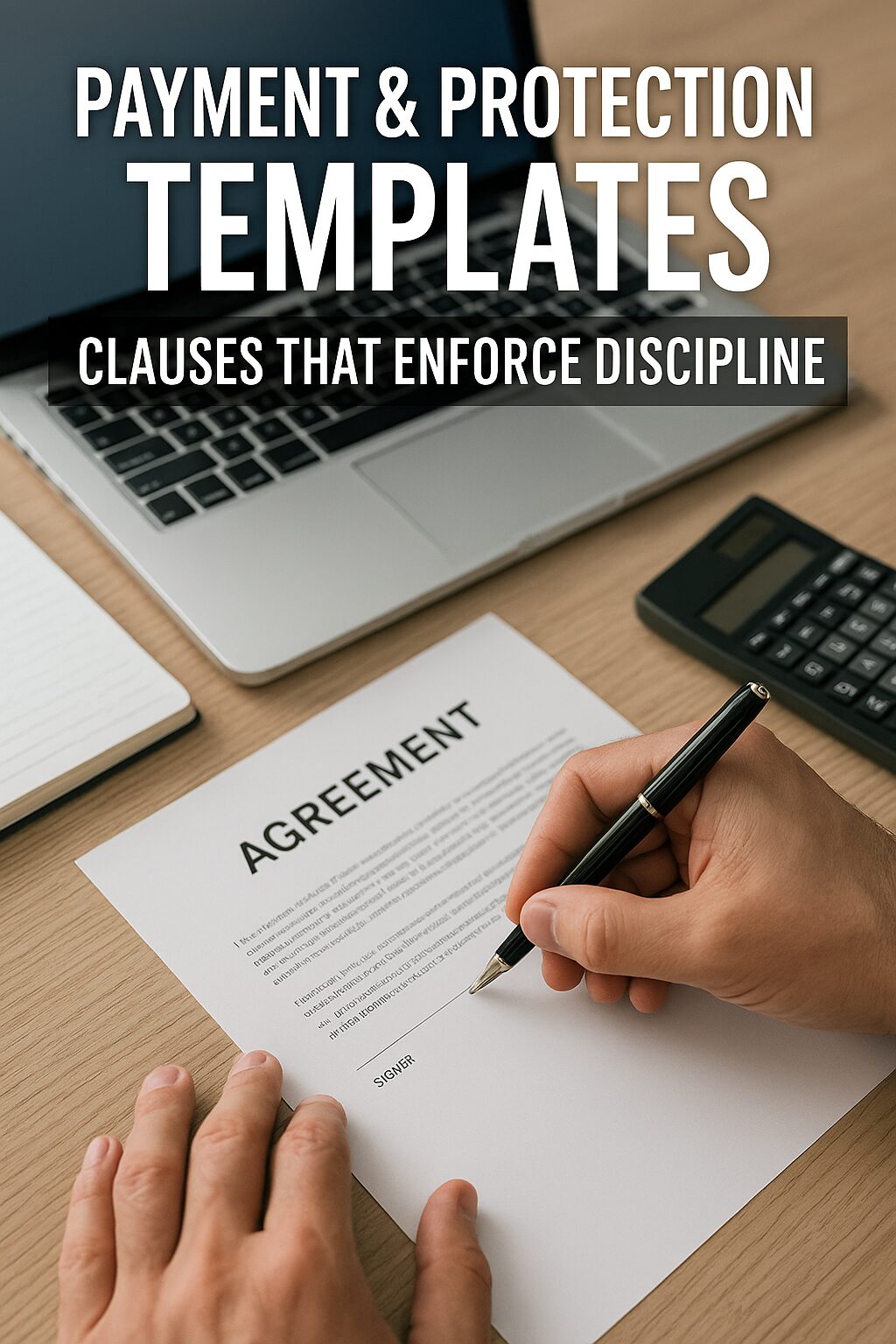 Business professionals signing a payment contract with clauses on late fees, milestones, FX protection, and escrow in a modern office setting.