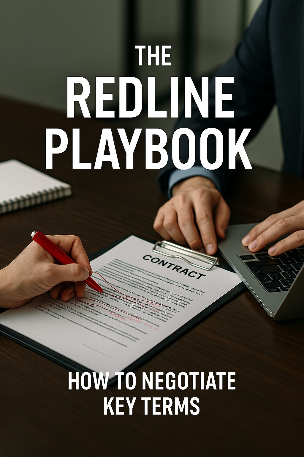 Business professionals reviewing and marking contract clauses with red ink in a modern office, symbolizing negotiation and redline strategies.
