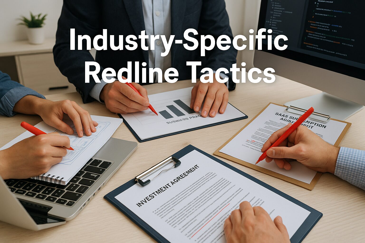Business professionals from different industries (freelancers, consultants, SaaS providers, startups) redlining contracts with red ink in a modern office setting.