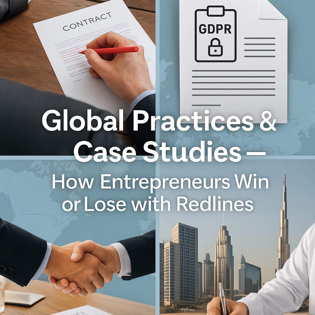 A composite image showing professionals from the US, Europe, Asia, and the Middle East redlining contracts, symbolizing global contract negotiation practices.