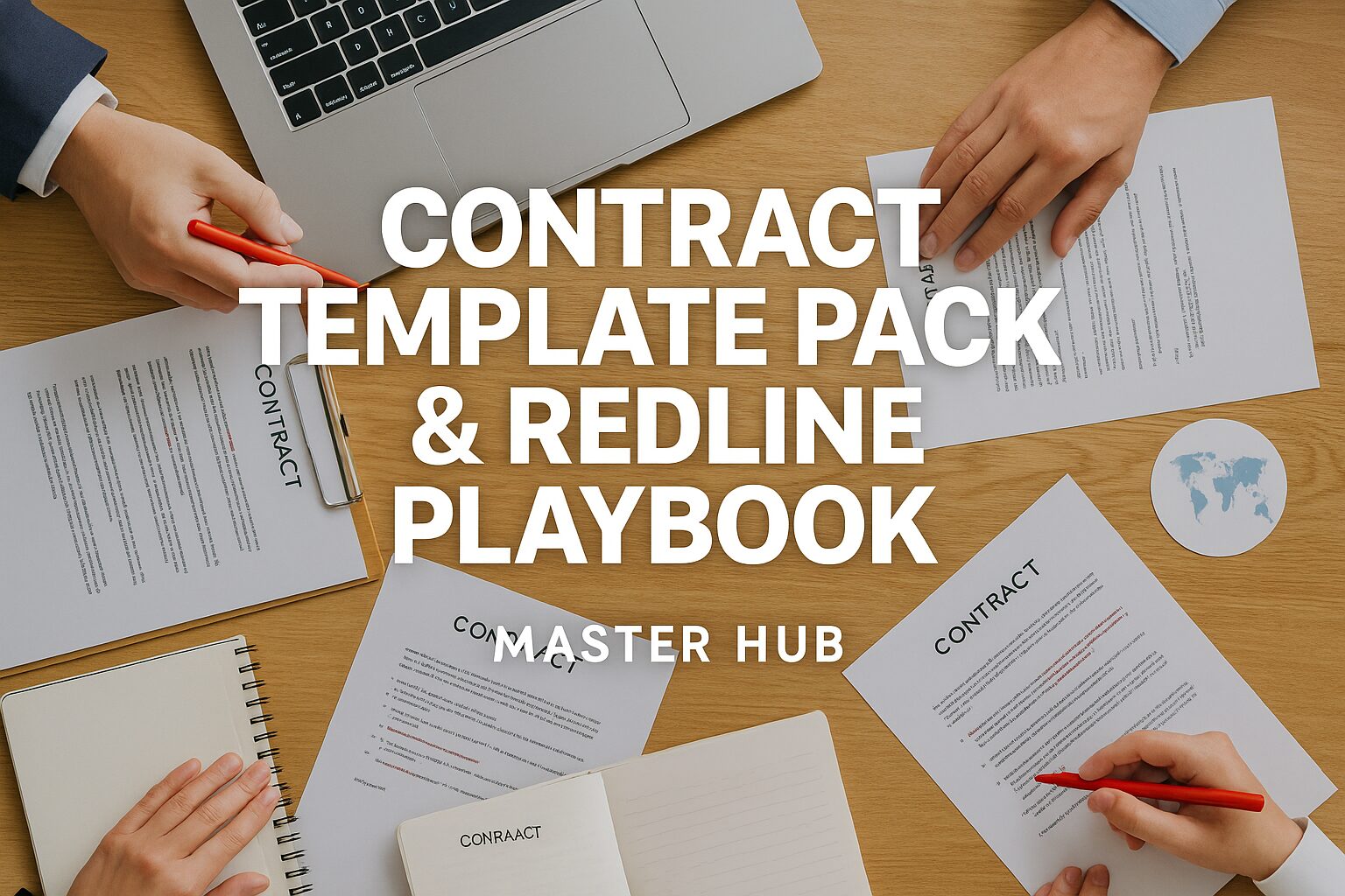 A group of professionals reviewing and redlining multiple contracts on a desk with laptops and global business symbols, representing a complete contract playbook hub.