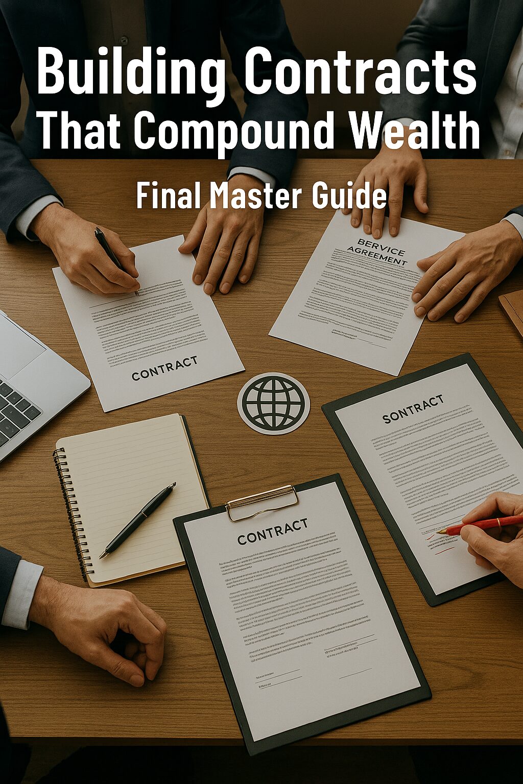 A group of professionals reviewing and redlining contracts on a large desk with global business symbols, representing the final master guide to compounding wealth through contracts.