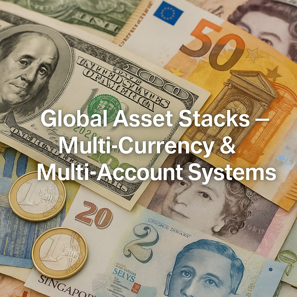 Global currencies and international banking accounts representing multi-currency systems.