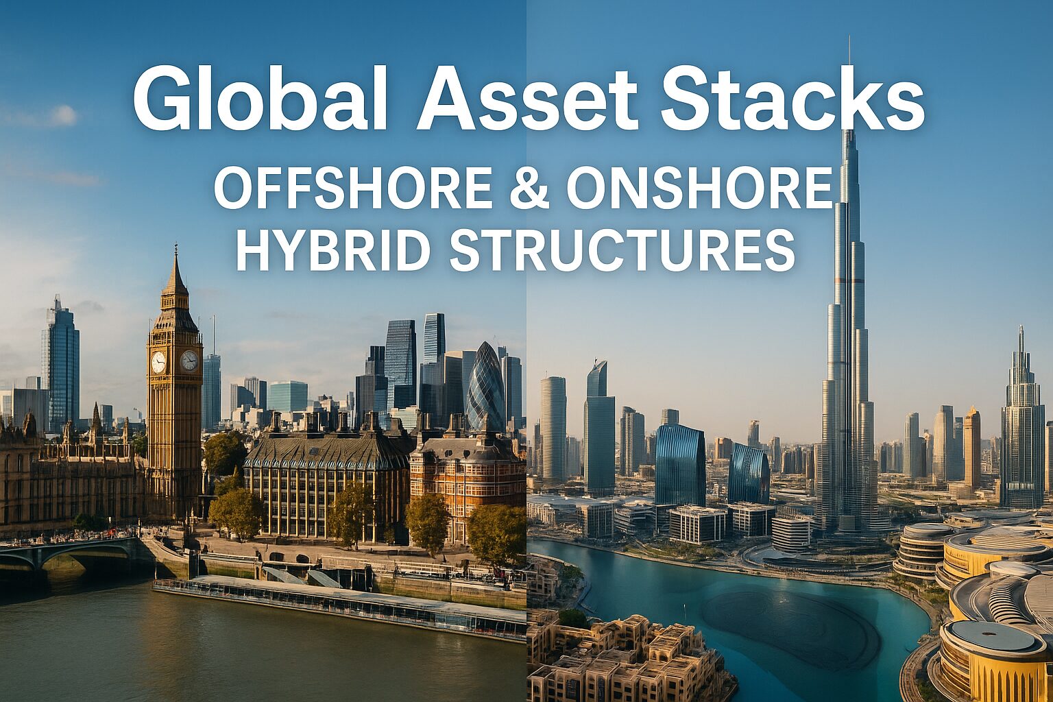 Collage of London, Singapore, and Dubai skylines representing offshore and onshore hybrid structures.