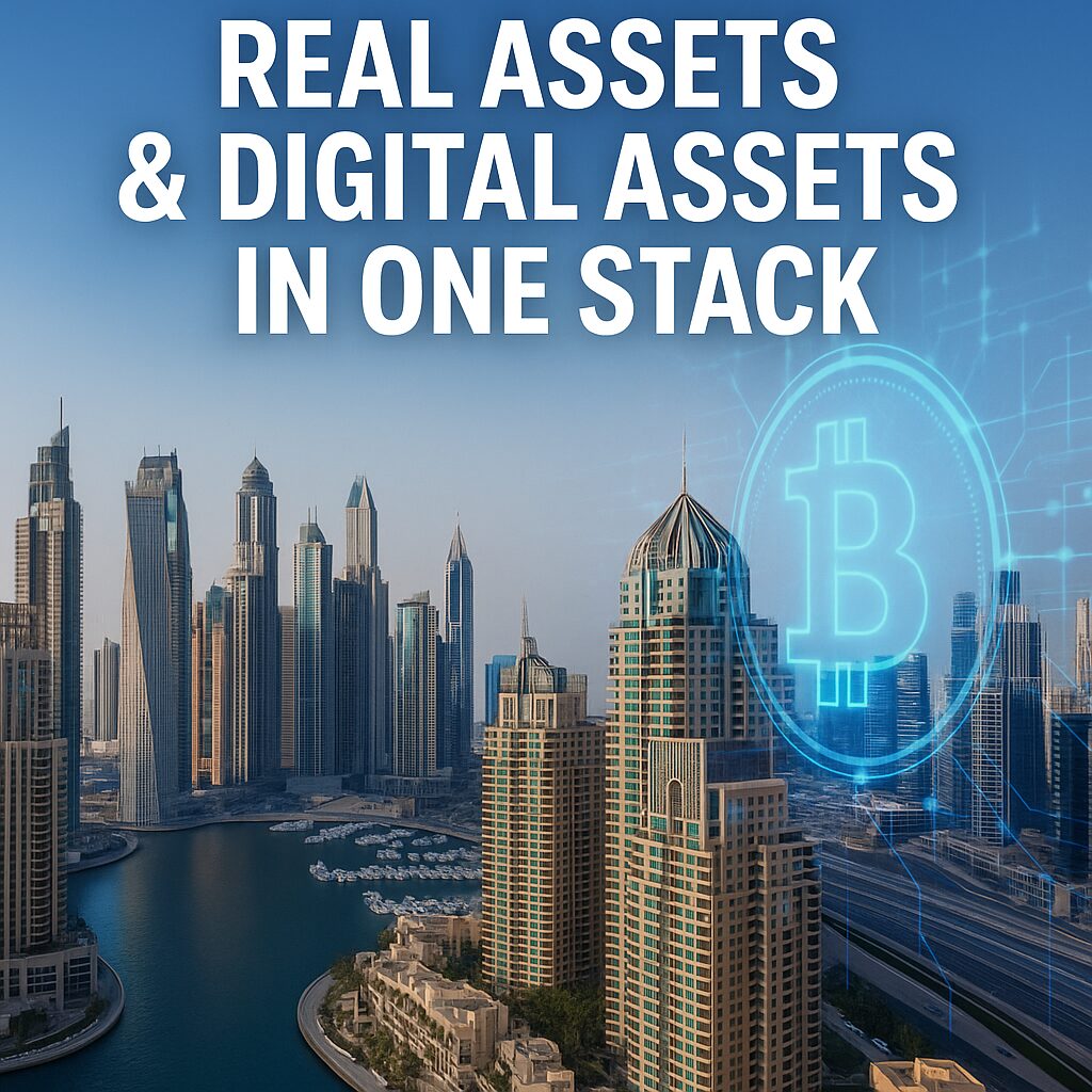Dubai skyline blended with digital Bitcoin hologram representing the balance of real estate and digital assets.