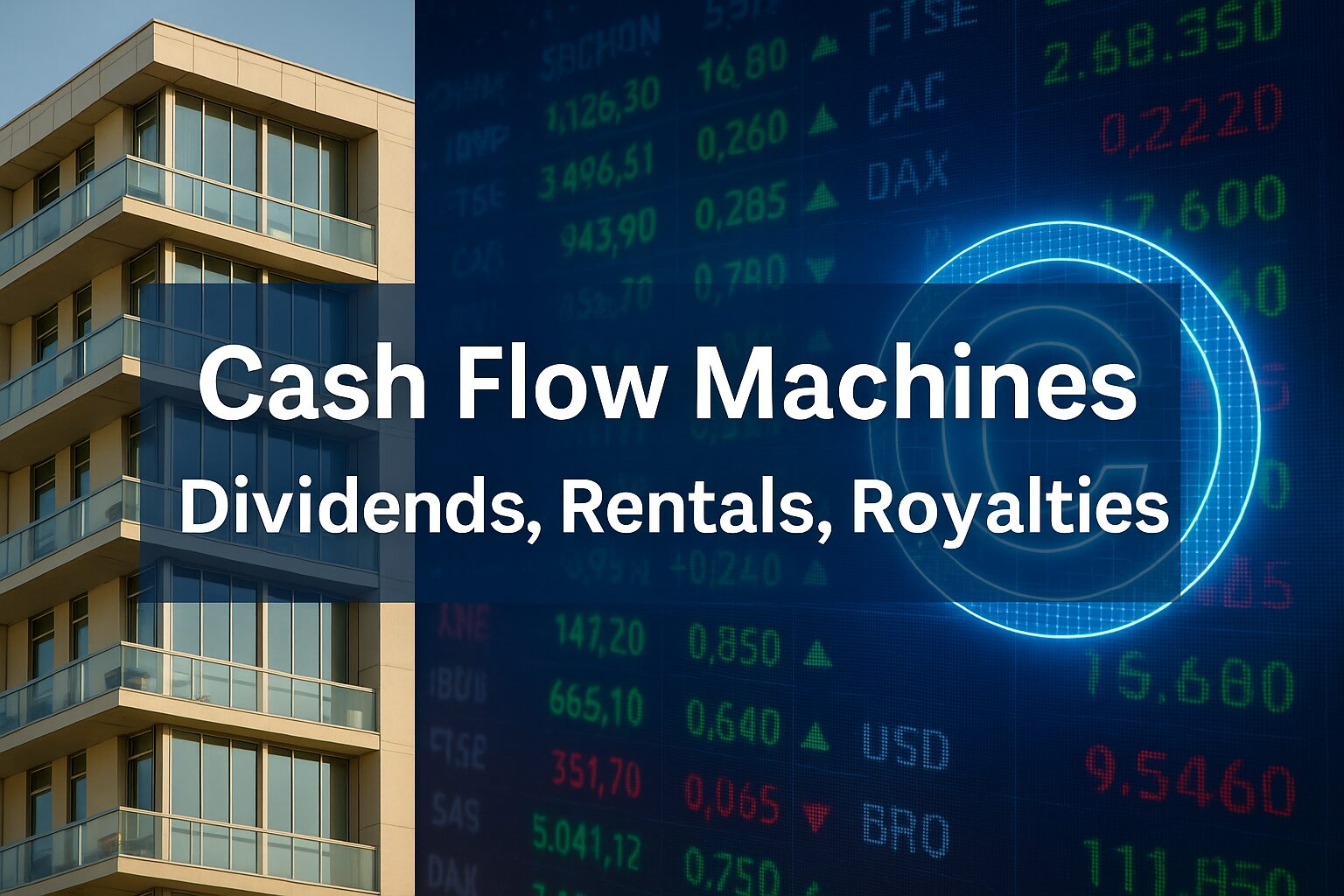 Luxury apartments, global stock market ticker, and digital royalty icon symbolizing cash flow engines.