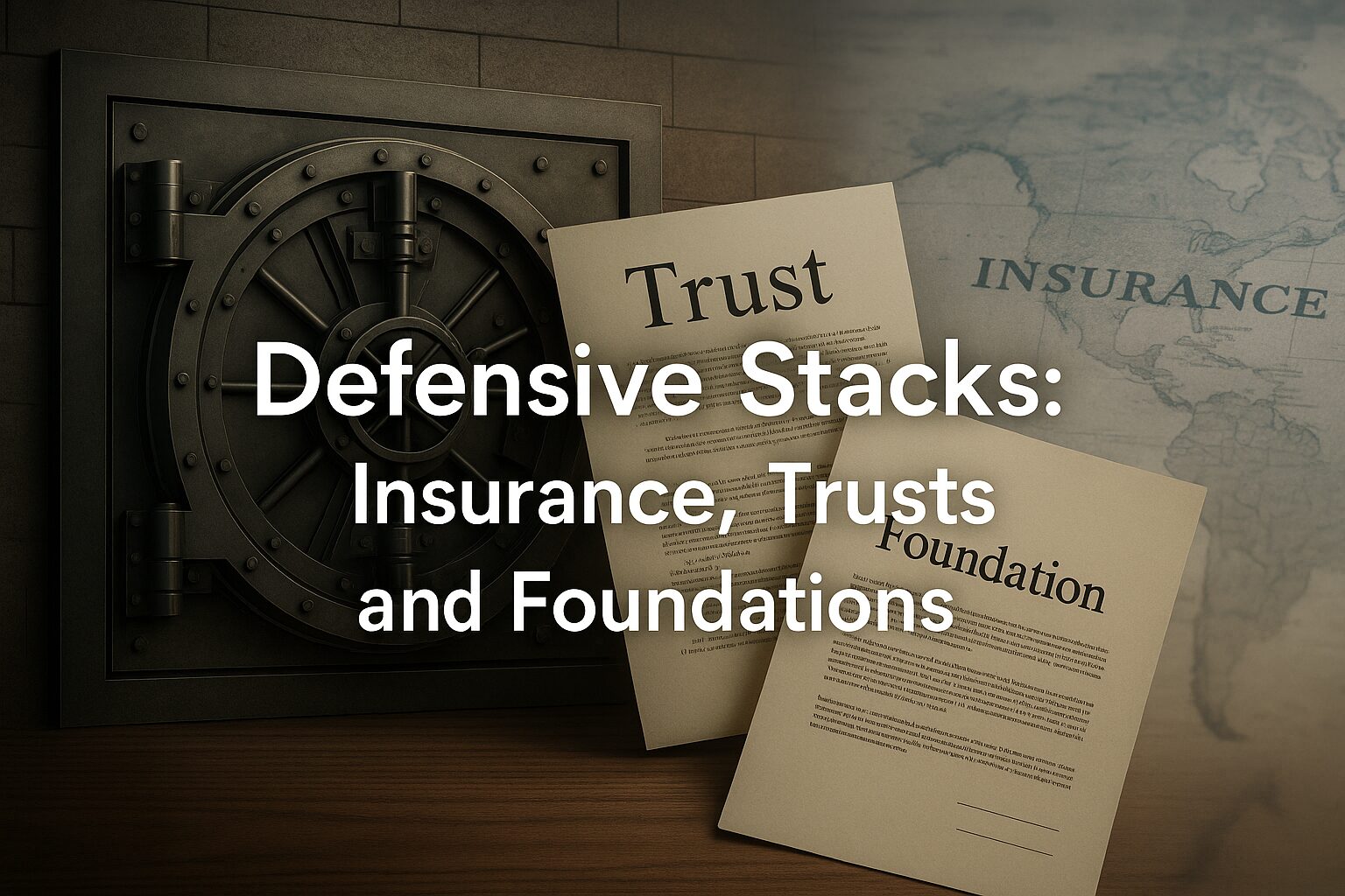 Fortress vault with legal trust and foundation documents symbolizing global wealth protection.