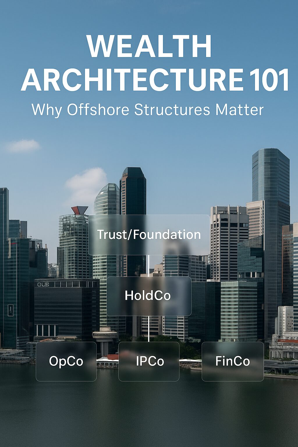 “Financial district skyline with diagram overlay showing Trust/Foundation → HoldCo → OpCo/IPCo/FinCo.”