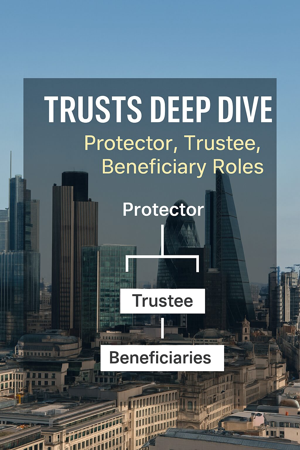 “City skyline with diagram overlay showing trust structure: Protector, Trustee, Beneficiaries.”