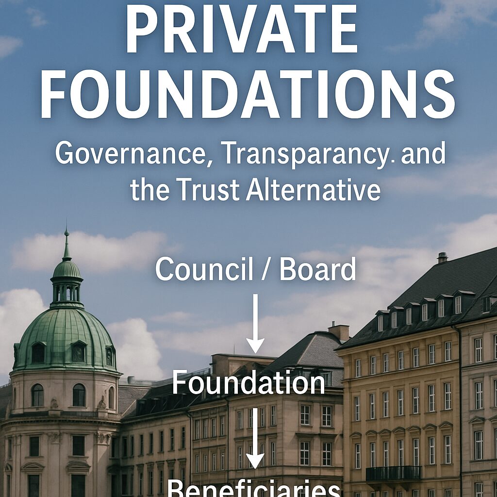 “European financial district skyline with overlay diagram: Council → Foundation → Beneficiaries.”