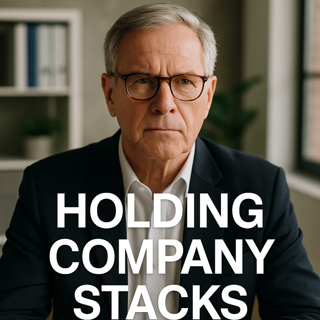 “Financial city skyline with diagram overlay: HoldCo → OpCo/IPCo/FinCo → SPVs.”