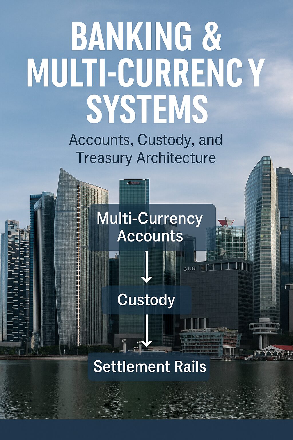 “Financial district skyline with overlay diagram showing Multi-Currency Accounts, Custody, and Settlement Rails.”