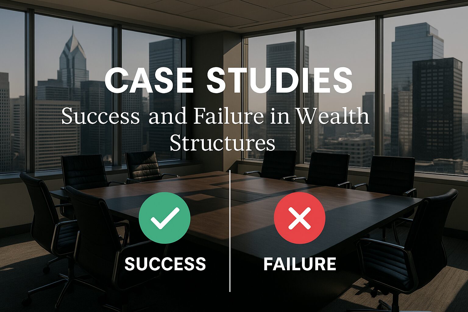 “Corporate boardroom and financial district with overlay text: Success vs Failure in Wealth Structures.”