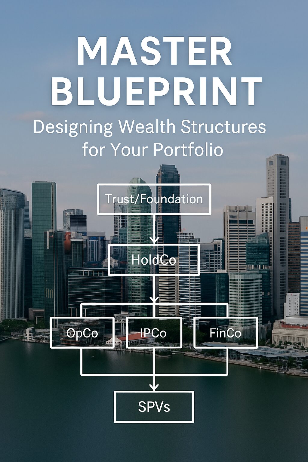 “City skyline with overlay diagram showing Trust/Foundation → HoldCo → OpCo/IPCo/FinCo → SPVs.”