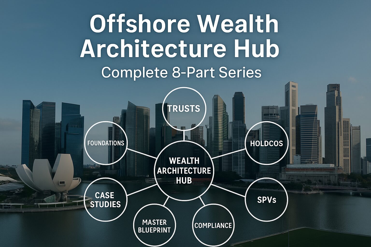 “City skyline with overlay diagram showing 8 interconnected parts of the Offshore Wealth Architecture series.”