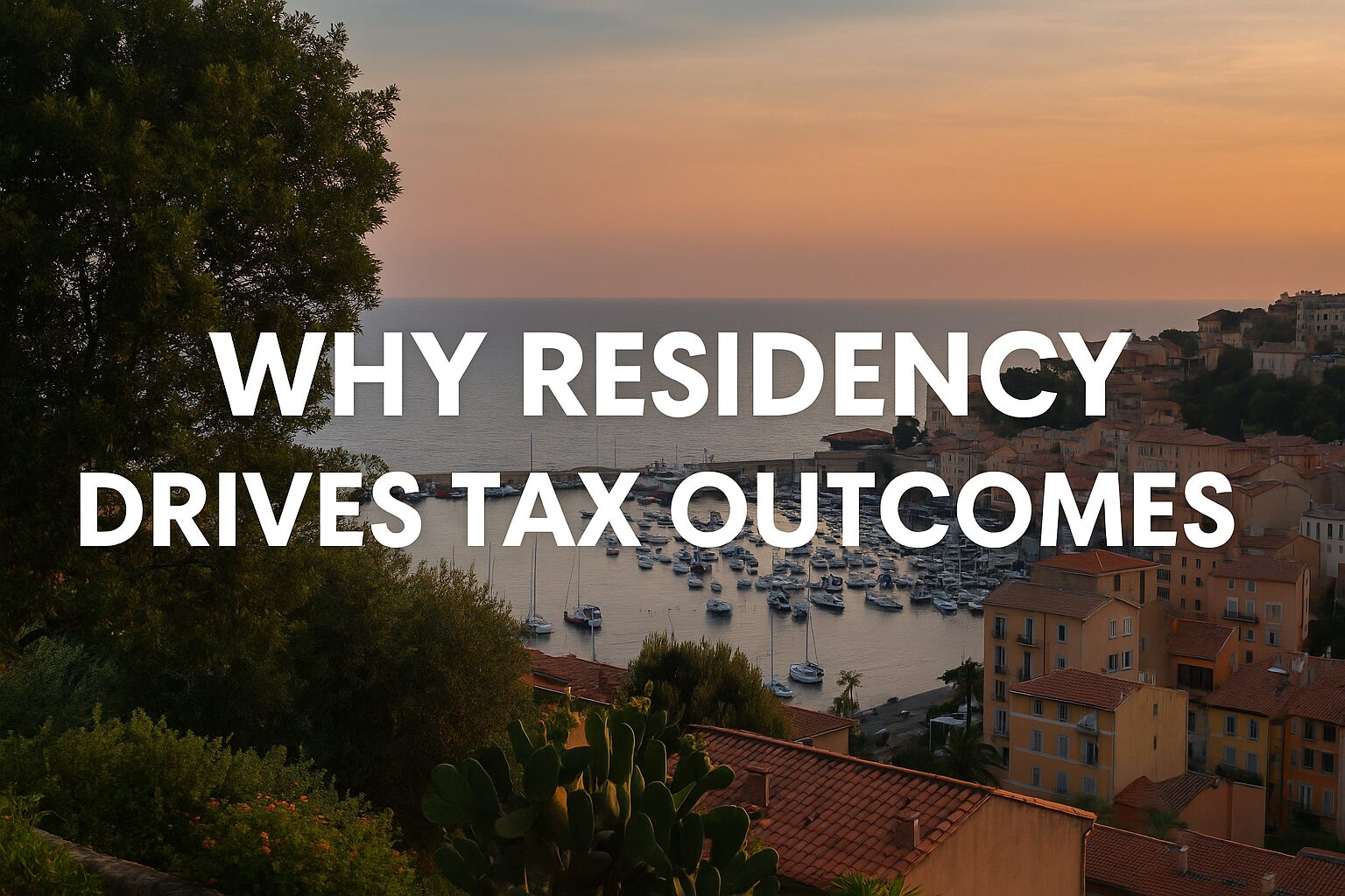 Panoramic view of a Mediterranean-style coastal city at sunset with sailboats in the harbor, overlaid with the bold white text “Why Residency Drives Tax Outcomes” — representing global residency and tax planning.