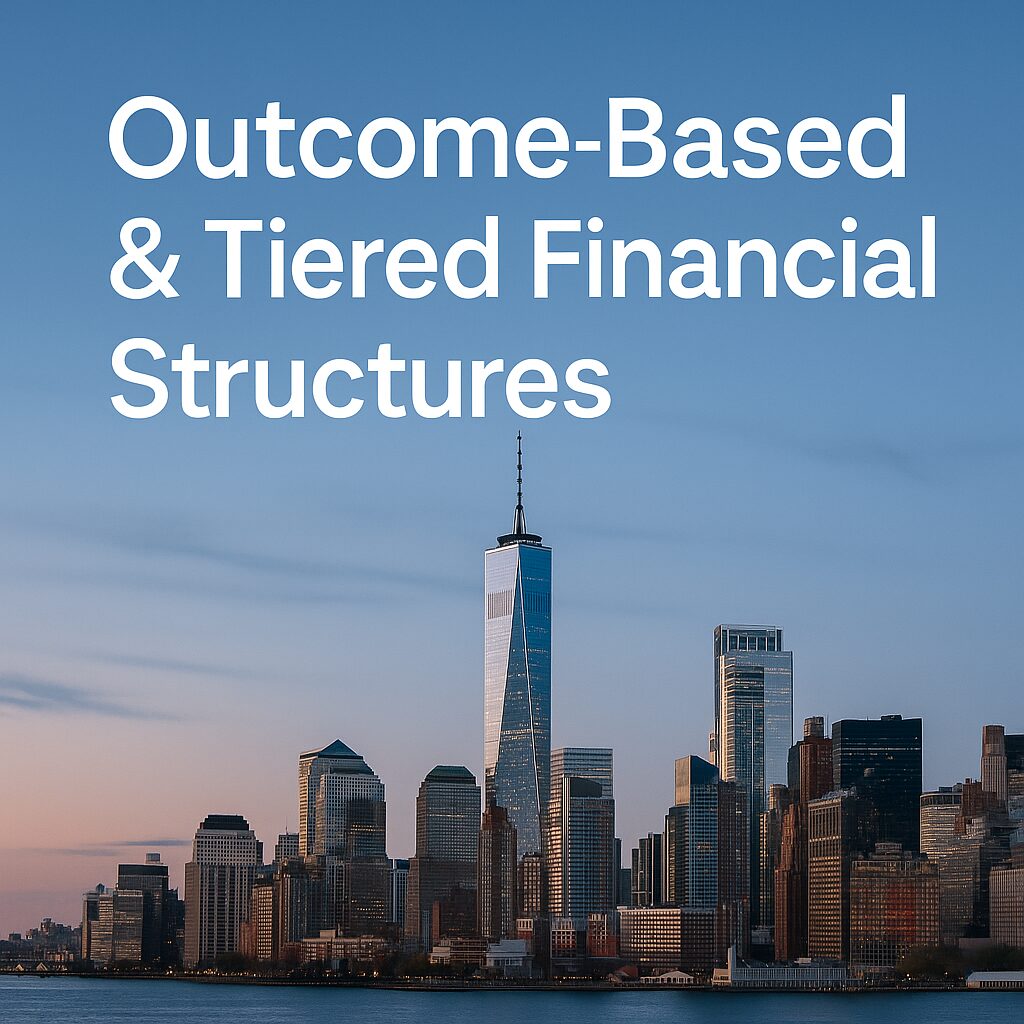 Skyline of New York financial district at sunset with overlaid title “Outcome-Based & Tiered Financial Structures,” symbolizing global pricing and contract strategies.