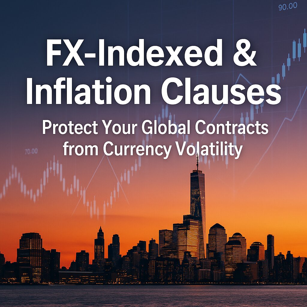 A city skyline with financial charts overlay, symbolizing currency exchange and inflation protection in international contracts.