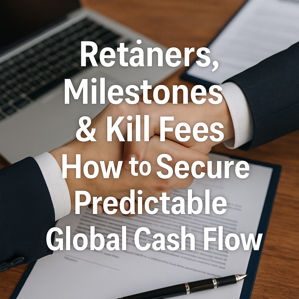 Business contract signing scene with documents, laptop, and handshake symbolizing retainers, milestone payments, and kill fees in international deals.