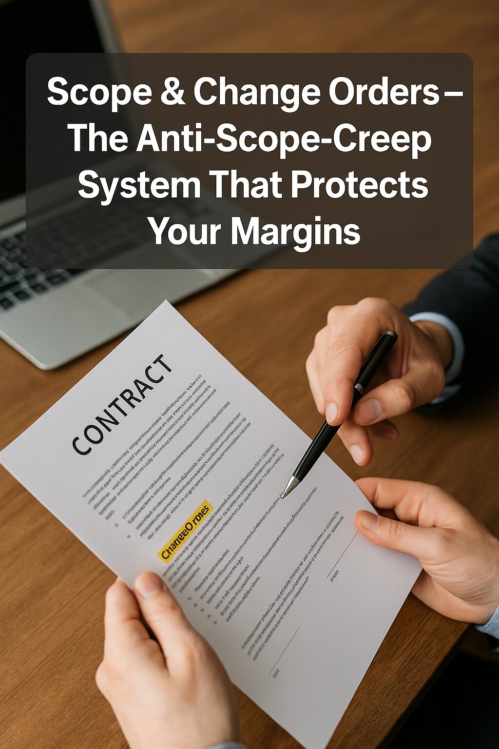 Business professionals reviewing a contract document with highlighted change order clauses, symbolizing scope control in global projects.