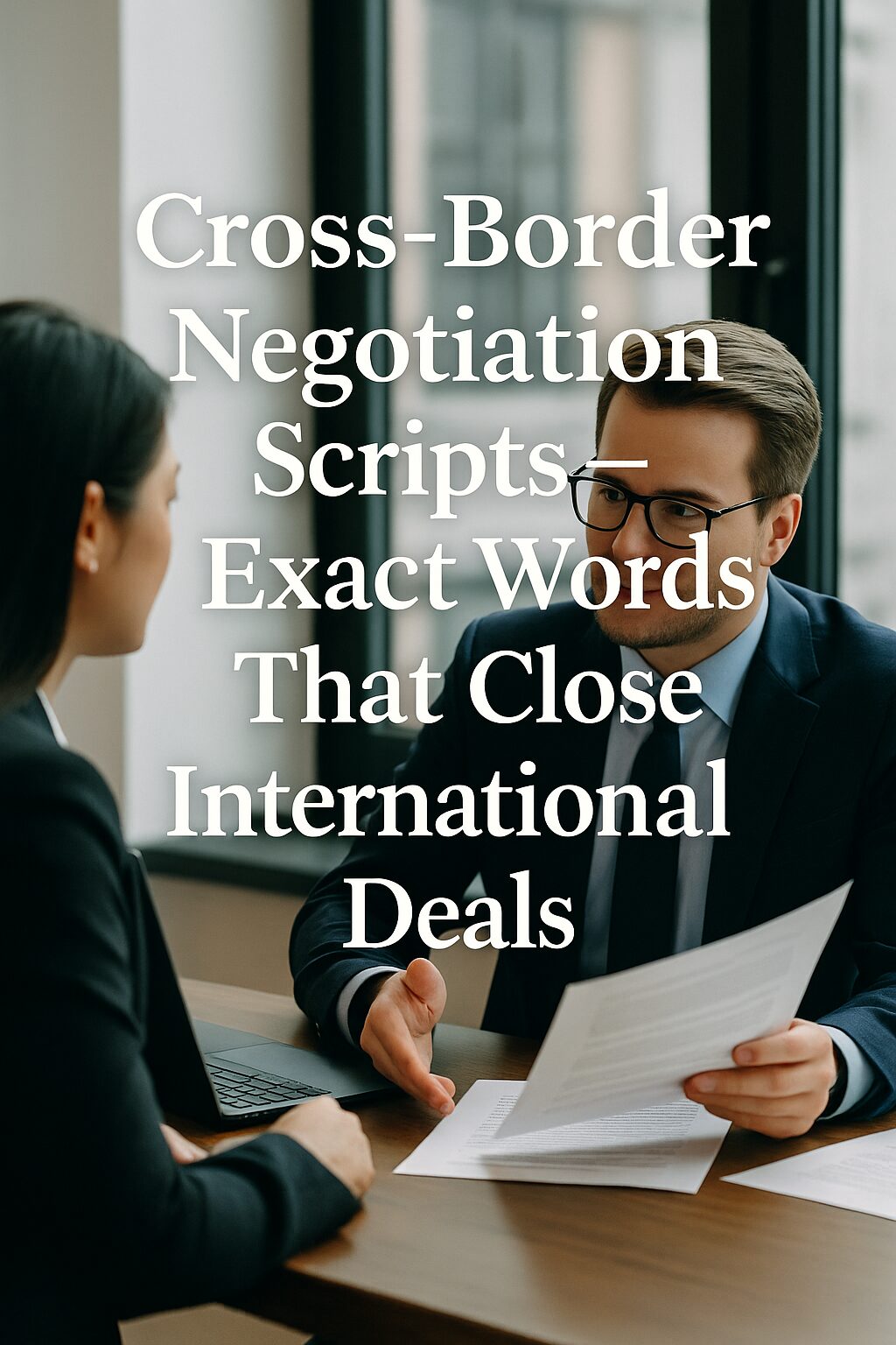 Two business professionals in a meeting, one presenting a document while another listens, symbolizing cross-border negotiation strategies.