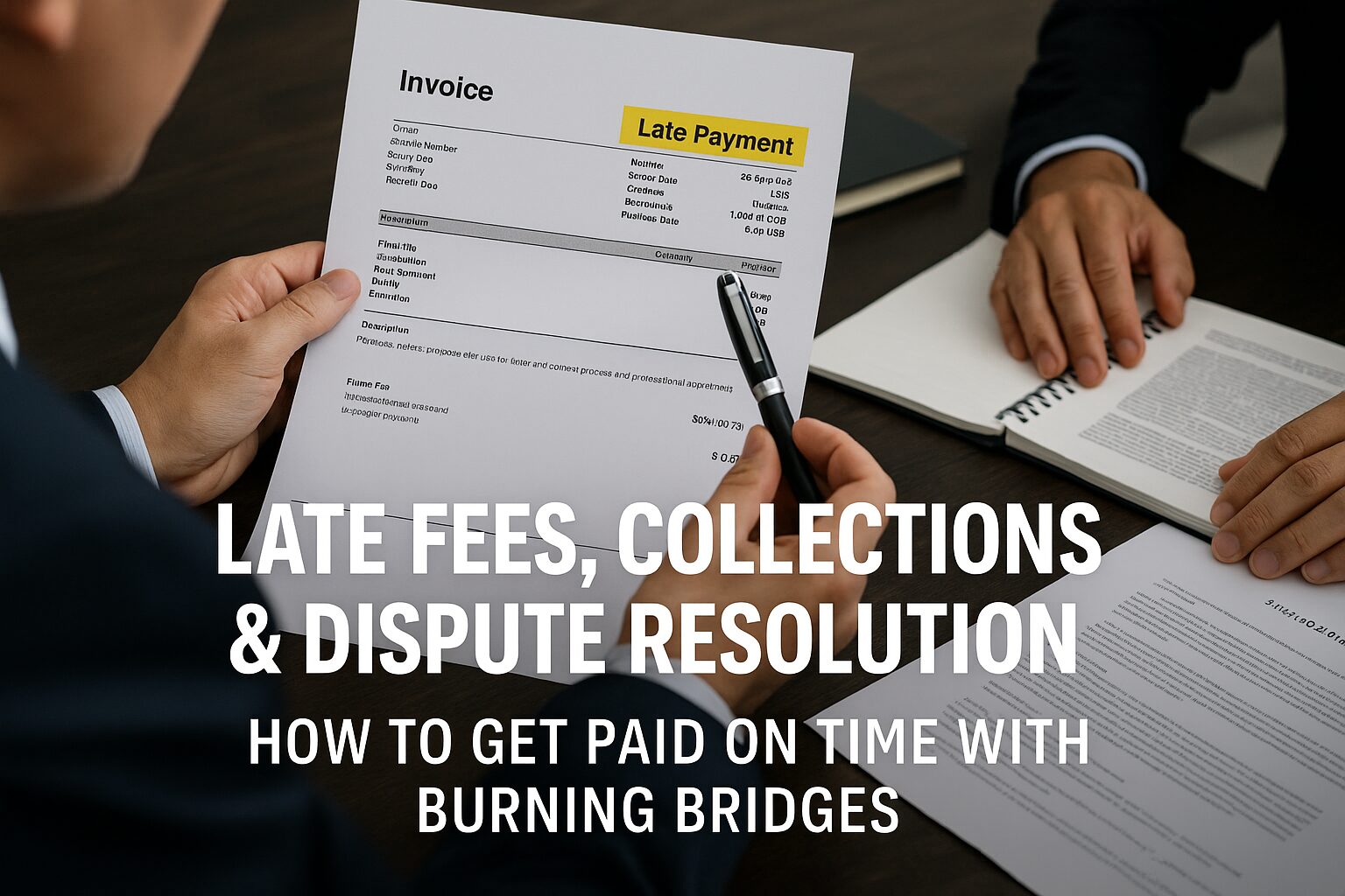 Business professionals reviewing overdue invoices with a highlighted “Late Payment” note, symbolizing collection and dispute resolution strategies.
