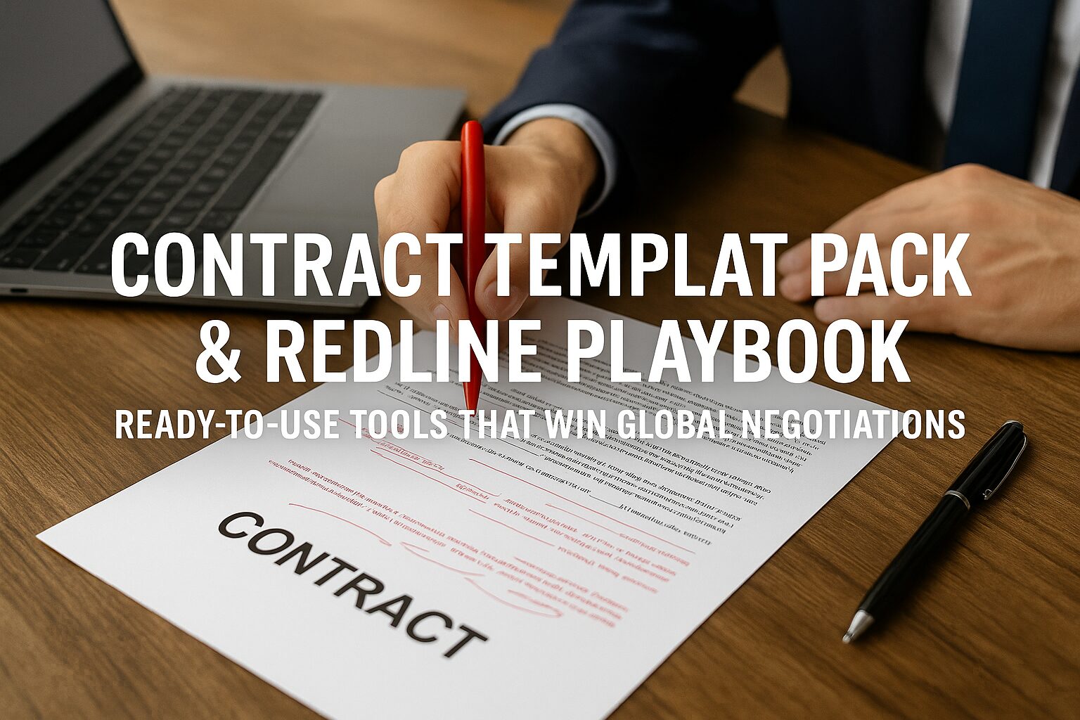 Business professionals reviewing and redlining a printed contract with a laptop and pen on the table, symbolizing negotiation and contract preparation.
