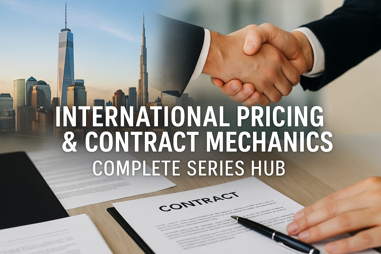 A global business collage showing skyscrapers, handshake, and contract documents, symbolizing international pricing and negotiation strategies.
