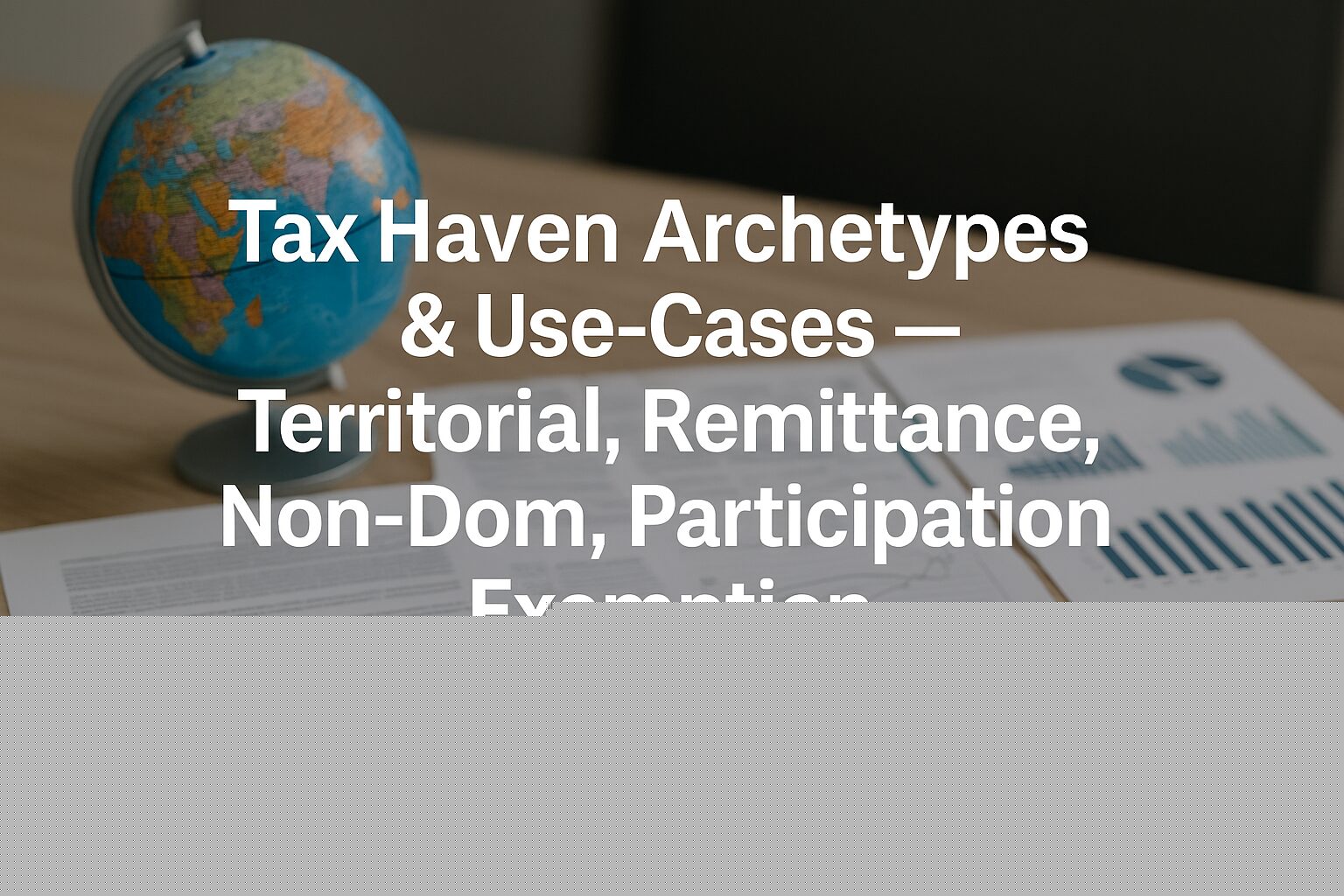 Globe and financial documents with overlay text “Tax Haven Archetypes & Use-Cases — Territorial, Remittance, Non-Dom, Participation Exemption”
