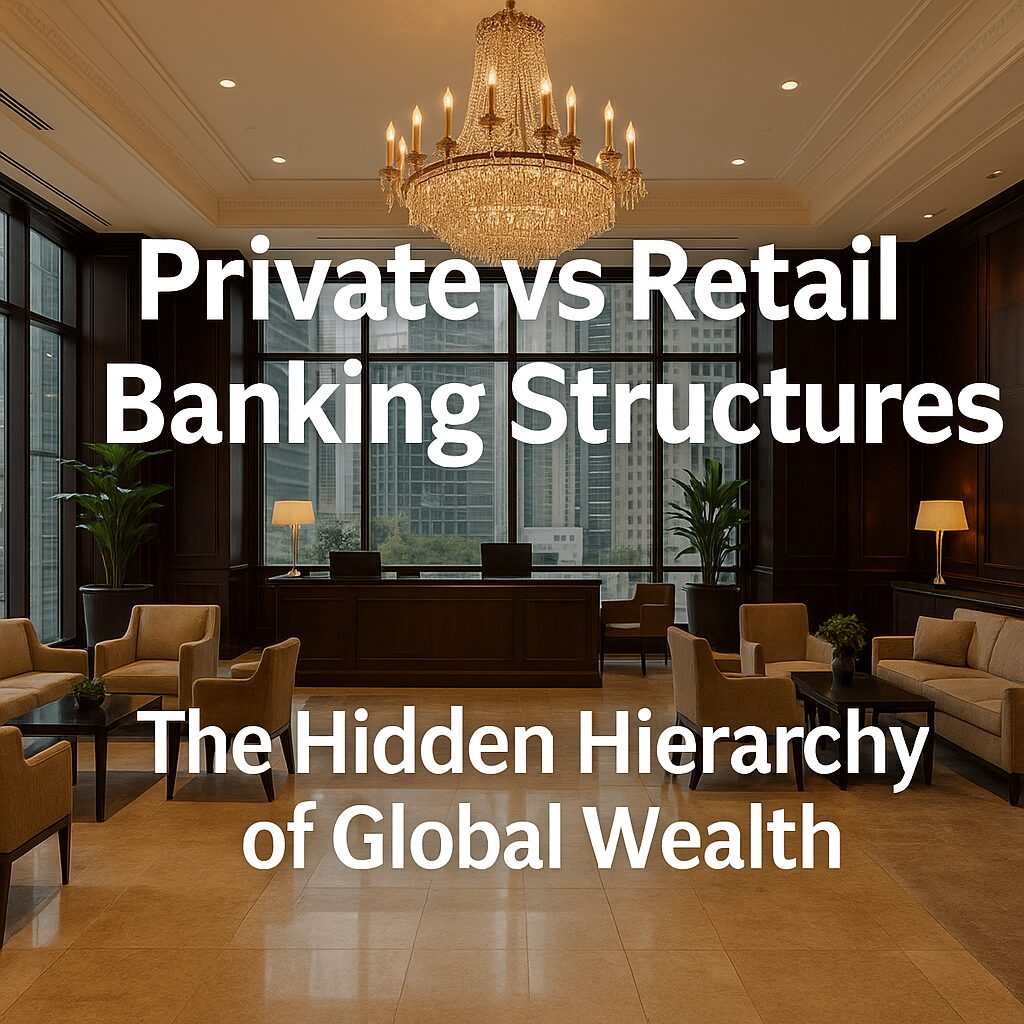 Elegant private banking office interior with chandelier and panoramic city view, representing global wealth hierarchy.