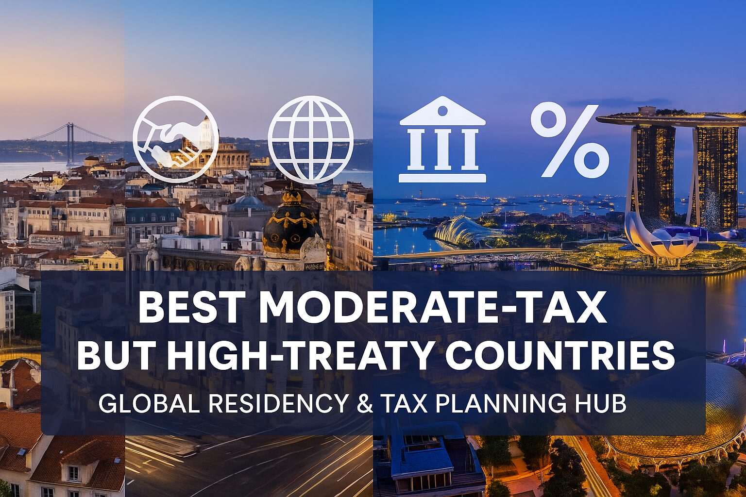 Skyline collage of Portugal, Spain, Ireland and Singapore with icons representing global tax planning and residency.