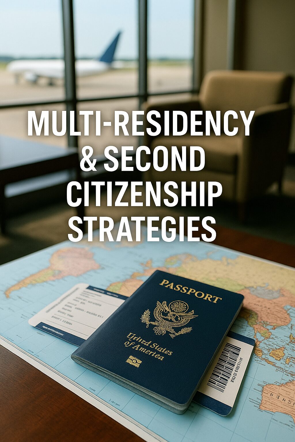 Global travel concept showing passport, boarding pass, and world map with text “Multi-Residency & Second Citizenship Strategies”