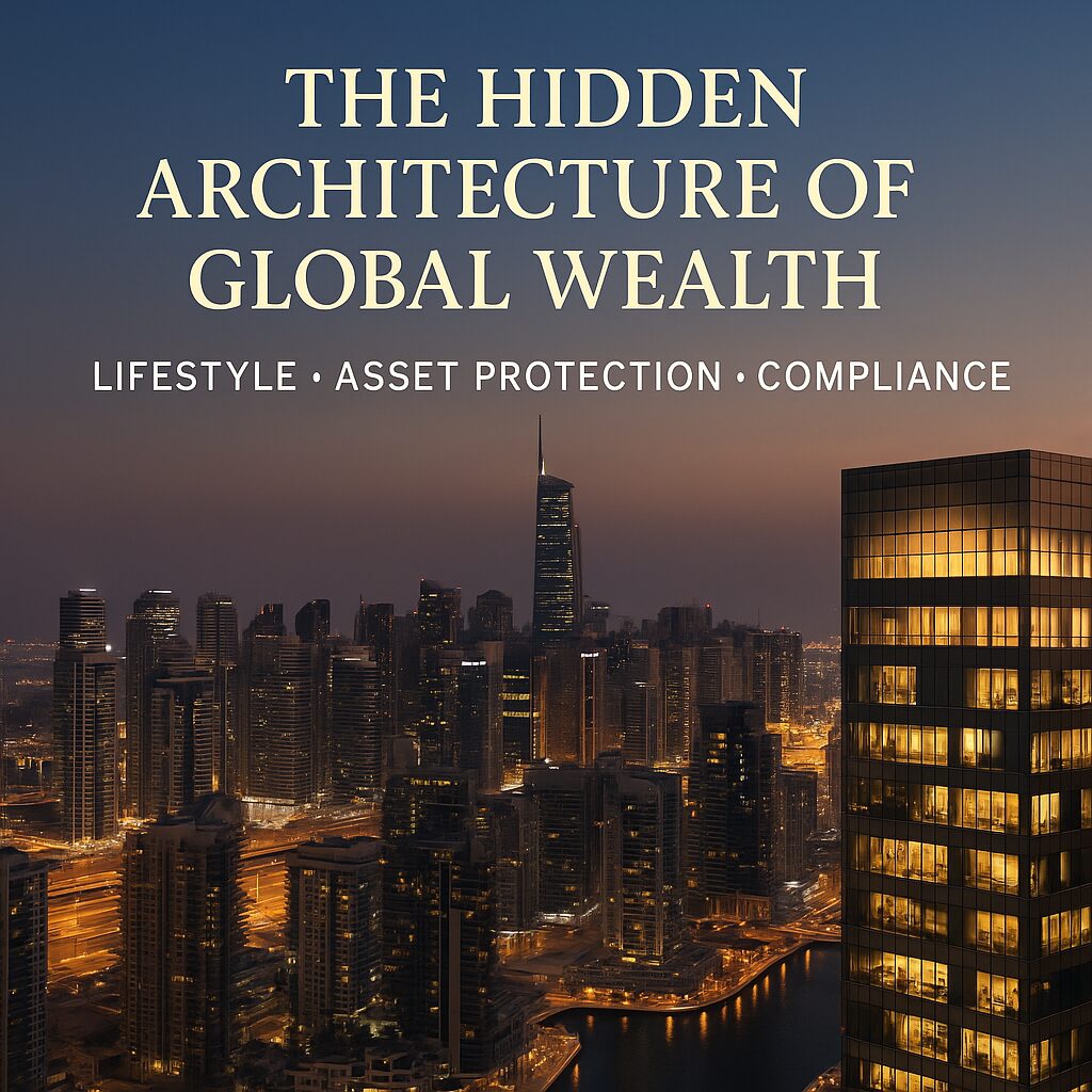 An elegant skyline of global financial cities symbolizing lifestyle integration, asset protection, and compliance — representing how ultra-high-net-worth individuals design borderless wealth systems.