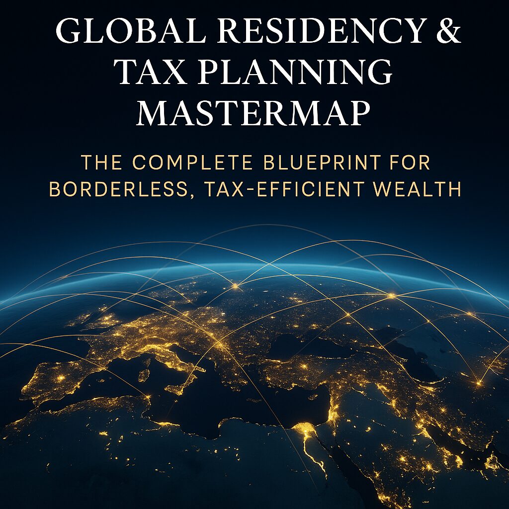 A world map glowing with golden connection lines between major financial cities — symbolizing a global residency and tax planning network designed for high-net-worth individuals seeking lawful, borderless wealth.