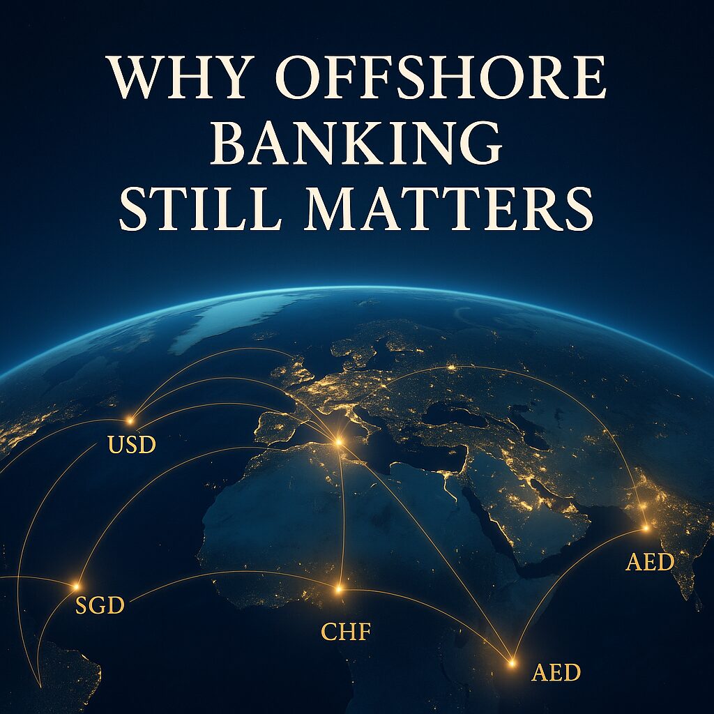 World map showing glowing banking routes and multi-currency liquidity flows symbolizing offshore finance networks.