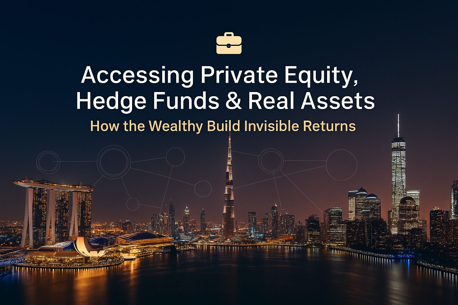 Global financial skyline showing Singapore, Dubai and New York at night, symbolizing how investors connect private equity, hedge funds and real assets to build invisible returns.