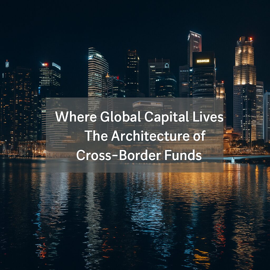 Night skyline of global financial centers symbolizing Luxembourg, Cayman Islands, Ireland, and Singapore — illustrating offshore investment structures and cross-border fund architecture for global wealth management.