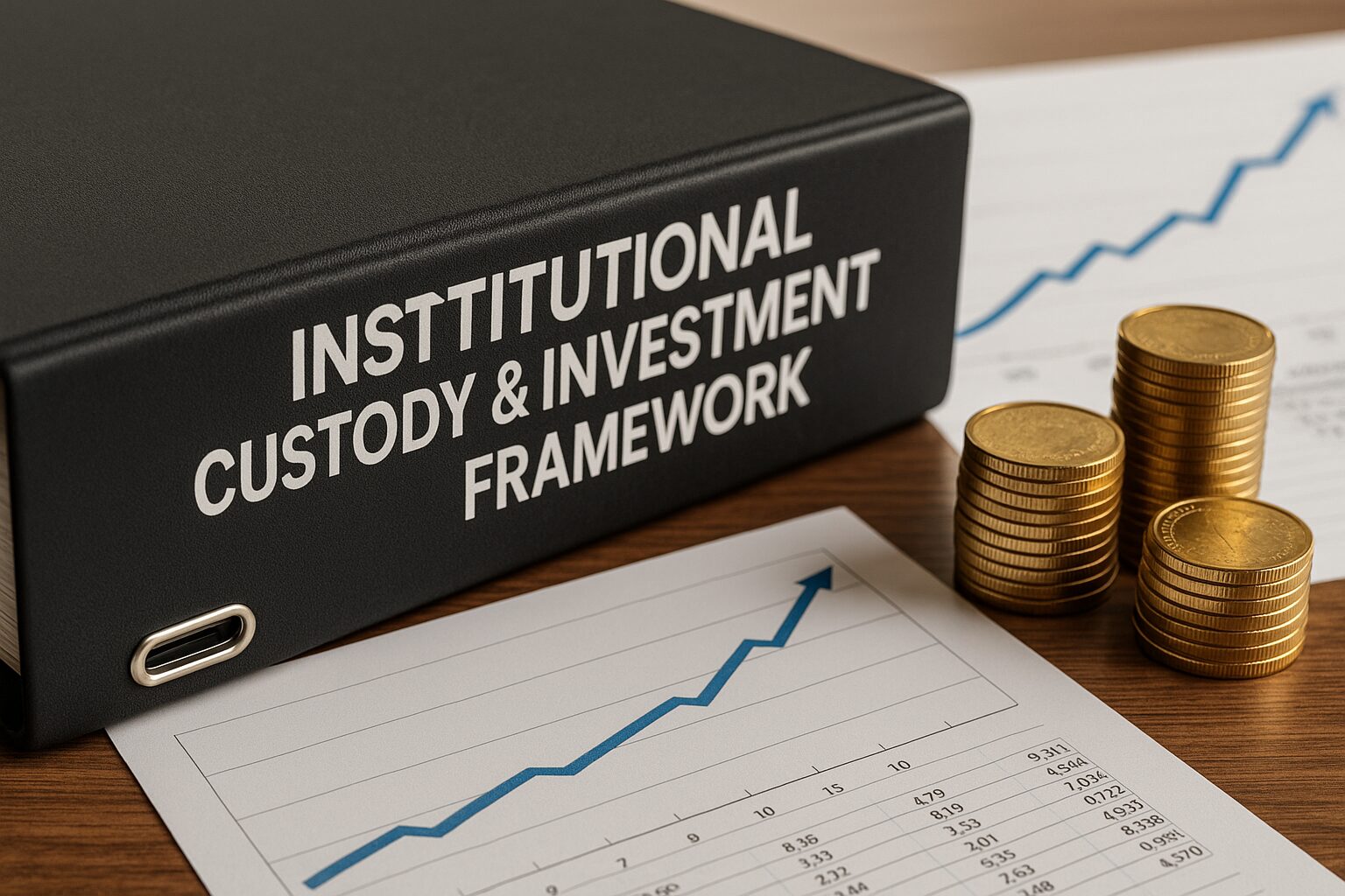 Institutional custody binder and financial charts representing global investment governance structure.