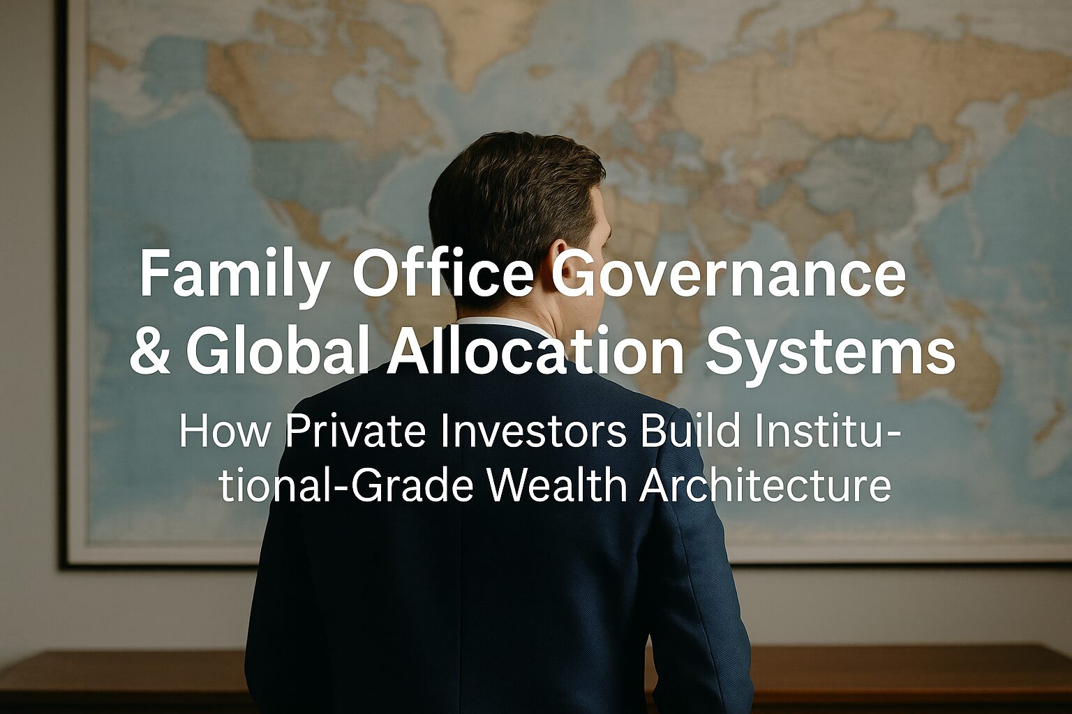 A professional investor standing in front of a world map, symbolizing global allocation systems and family office investment governance.