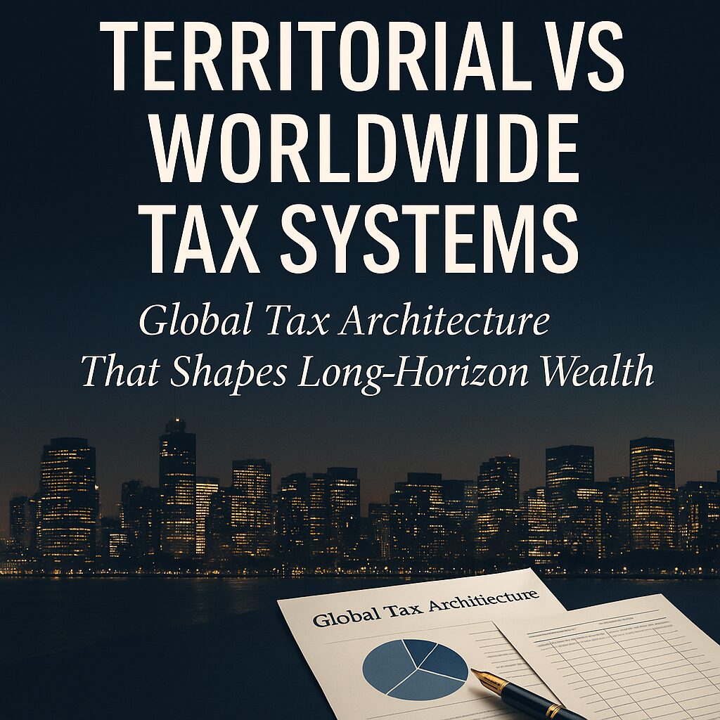 A conceptual image illustrating the contrast between territorial and worldwide tax systems, featuring a nighttime global financial cityscape and tax-planning documents labeled “Global Tax Architecture,” designed to convey long-horizon wealth strategies and international tax optimization themes.