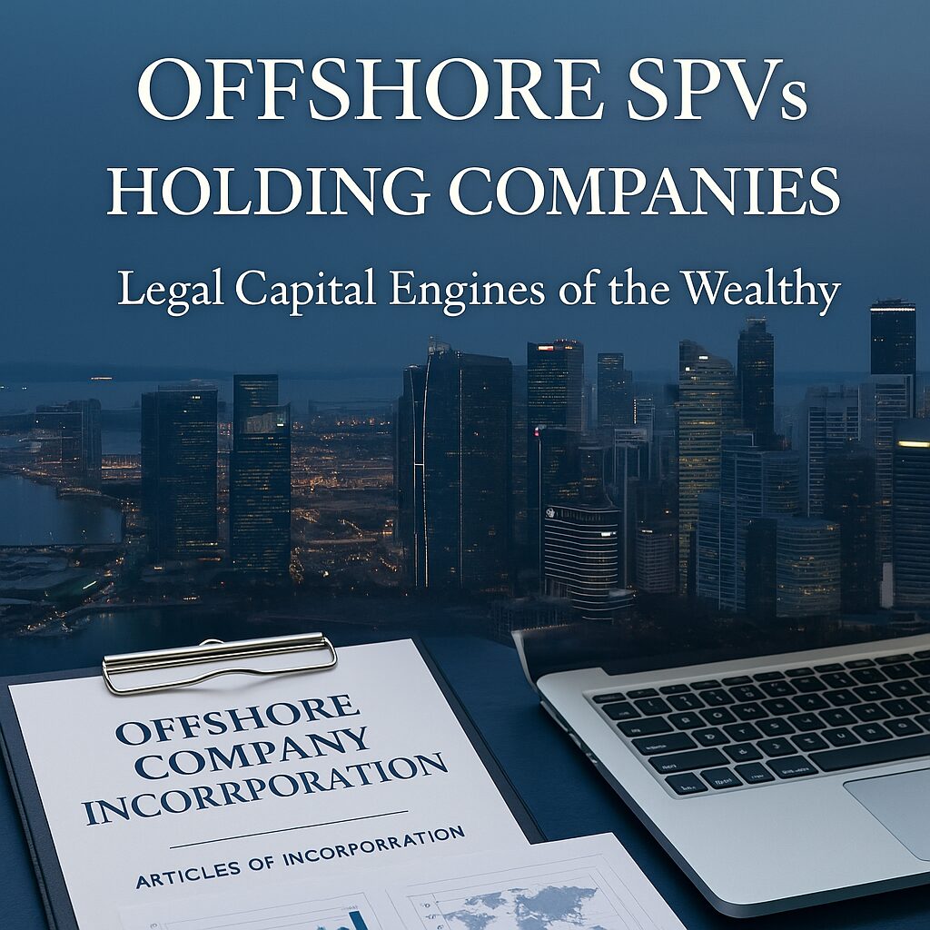 A modern financial office desk showing international company documents, tax reports, and a world map, symbolizing offshore SPV and holding company structures.