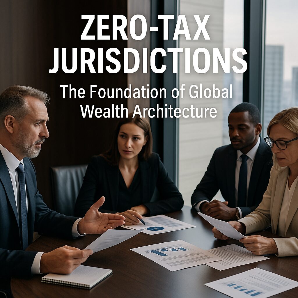 Four international finance professionals discussing global tax strategy and zero-tax jurisdiction structures in a high-level business meeting, representing cross-border wealth planning and SPV optimization.