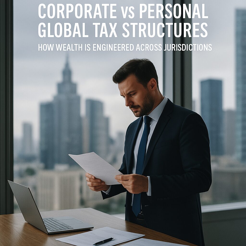 A global tax strategist reviewing cross-border corporate and personal tax structure documents in an international finance office.